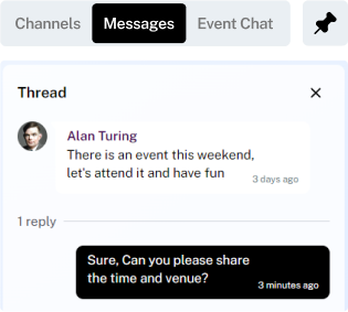 Key.ai's messaging interface showing a chat thread from "Alan Turing" about an event, with a reply asking for details, demonstrating communication features within the platform.